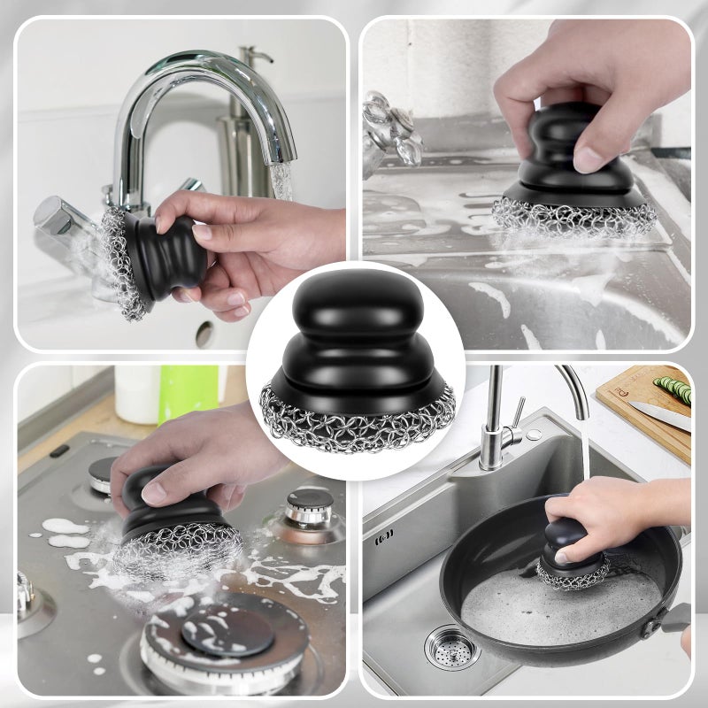 Onewly Cast Iron Scrubber and Scraper, Chain Mail Scrubber Cast Iron for Cleaning Dishes, Stock Pots, Pans, Griddles, Grills, Dish Scouring Pads - Image 5