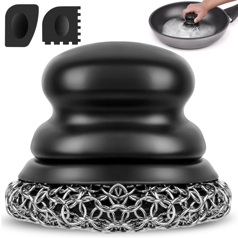 Onewly Cast Iron Scrubber and Scraper, Chain Mail Scrubber Cast Iron for Cleaning Dishes, Stock Pots, Pans, Griddles, Grills, Dish Scouring Pads - Image 1