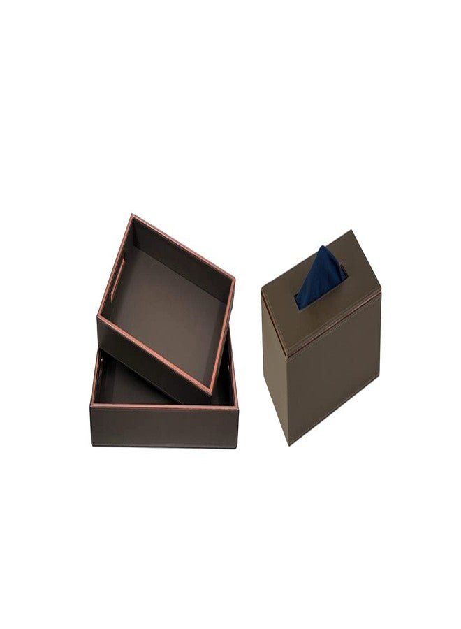 Azyeea Leather Rectangular Serving Tray Set of 2 with Tissue Paper Box for Dining Table/Parties/Storage/Home Decor (Brown) - Image 1