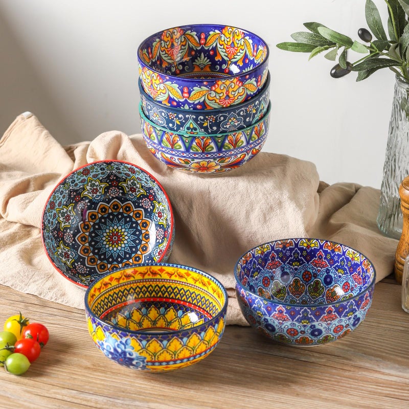 glowworm Cereal Bowls Set of 6, 26 Oz Ceramic Soup Bowls for Kitchen, Colorful Cereal Bowls for Rice, Oatmeal, Fruit, Ice Cream, Dessert, Dishwasher & Microwave safe, Bohemian - Image 4