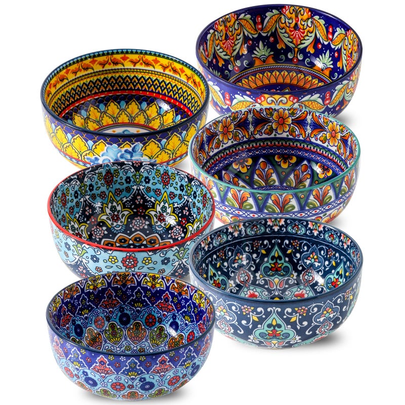 glowworm Cereal Bowls Set of 6, 26 Oz Ceramic Soup Bowls for Kitchen, Colorful Cereal Bowls for Rice, Oatmeal, Fruit, Ice Cream, Dessert, Dishwasher & Microwave safe, Bohemian - Image 1