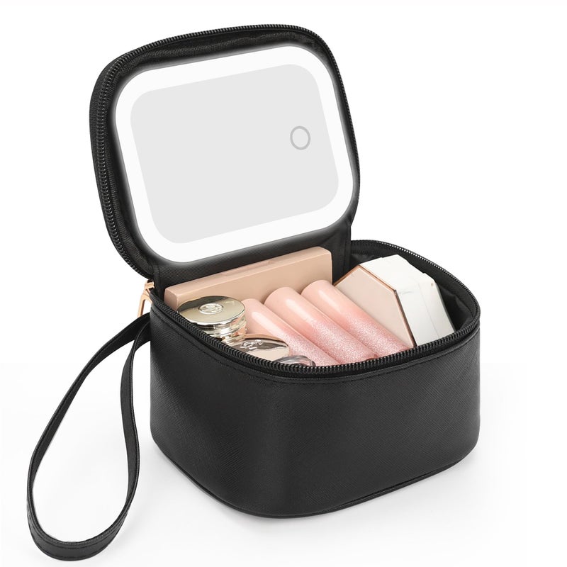 Relavel Mini Makeup Bag with Led Mirror, Small Cosmetic Bag with 3 Light Modes, Rechargeable Portable Makeup Pouch with Hands-Free Wrist Strap for Pool Partiesä¸¨Work Touch-Upsä¸¨Travel - Black - Image 1
