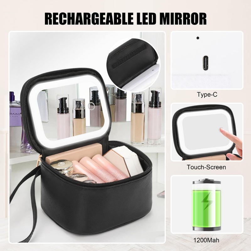 Relavel Mini Makeup Bag with Led Mirror, Small Cosmetic Bag with 3 Light Modes, Rechargeable Portable Makeup Pouch with Hands-Free Wrist Strap for Pool Partiesä¸¨Work Touch-Upsä¸¨Travel - Black - Image 3