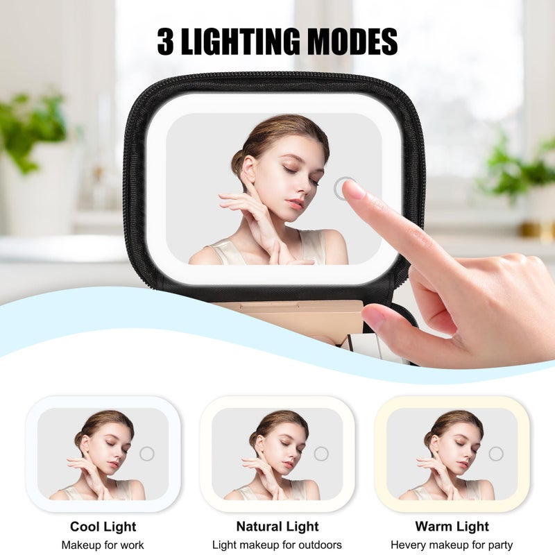 Relavel Mini Makeup Bag with Led Mirror, Small Cosmetic Bag with 3 Light Modes, Rechargeable Portable Makeup Pouch with Hands-Free Wrist Strap for Pool Partiesä¸¨Work Touch-Upsä¸¨Travel - Black - Image 4
