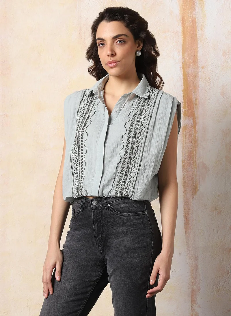 Women Comfort Floral Opaque Embroidered extanded shoulder Casual Shirt
