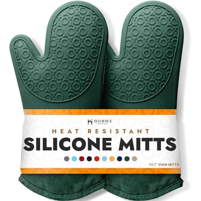 HOMWE BPA-Free Silicone Oven Mitts Ultra Heat Resistant up to 500F Oven Mitts with Thick Cotton Liner Long Slip Resistant Pot Holders, Flexible Oven Gloves Green 13.7 - Image 1