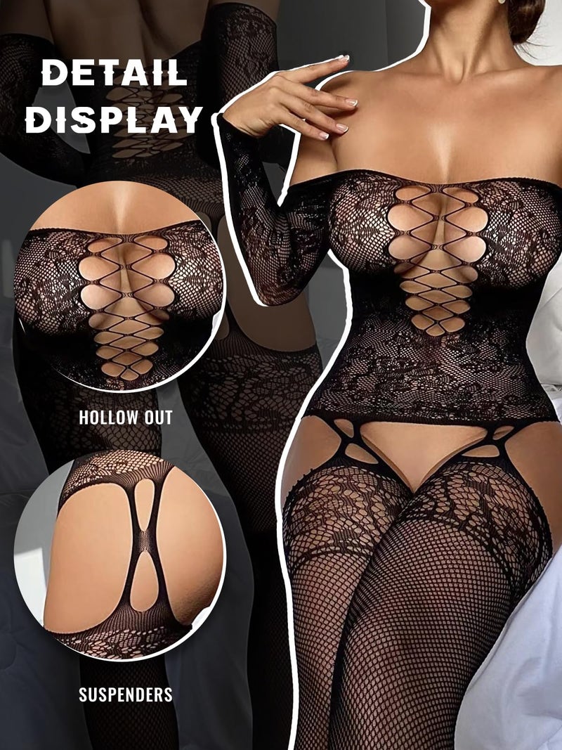Buitifo Womens Fishnet Bodystocking Plus Size Crotchless Bodysuit Sexy Tights Soft Nightwear Lingerie (Black TJC,M) - Image 2