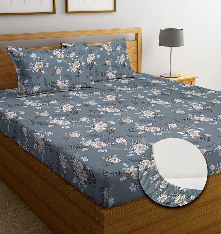 NEW LEAF Premium Cotton Elastic Fitted Bedsheets with 2 King Size Pillow Covers | Double Bed with All Around Elastic 220 TC Supersoft |Size-72 King Sizex78+10 inches | Grey White Rose - Image 1