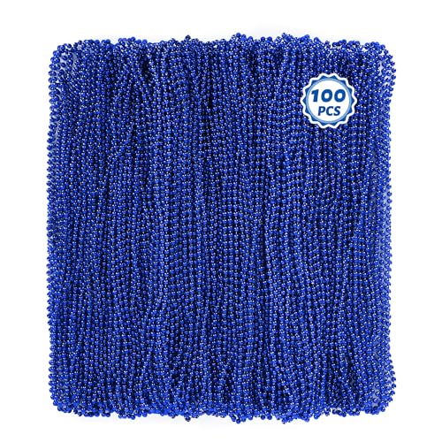 Huskein 100 PCS Blue Mardi Gras Beads Necklaces 33 Metallic Patriotic Carnival Beaded 4th of July Costume Necklaces Bulk Mardi Gras Accessories Set for Gender Reveal Parade Throws Party Decorations - Image 1