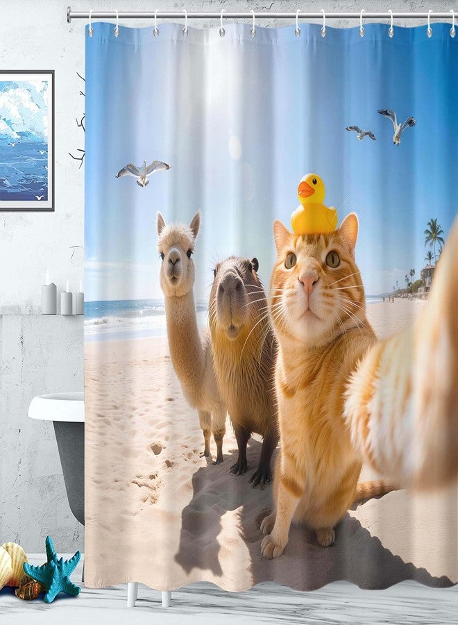 Neasow ستارة حمام Neasow بتصميم قطة مرحة على الشاطئ، ديكور حمام صيفي استوائي لطيف على شكل قطة وألبكة وكابيبارا، مقاس 72 × 72 بوصة - Image 2