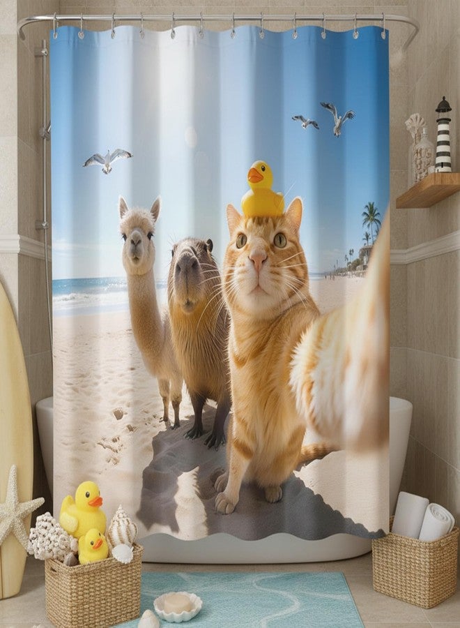 Neasow ستارة حمام Neasow بتصميم قطة مرحة على الشاطئ، ديكور حمام صيفي استوائي لطيف على شكل قطة وألبكة وكابيبارا، مقاس 72 × 72 بوصة - Image 1