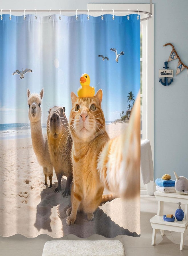 Neasow ستارة حمام Neasow بتصميم قطة مرحة على الشاطئ، ديكور حمام صيفي استوائي لطيف على شكل قطة وألبكة وكابيبارا، مقاس 72 × 72 بوصة - Image 3