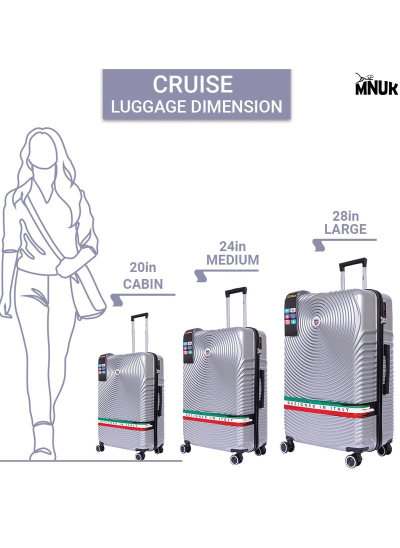 Cruise Set of 3 Luggage | Hardsidwie Soft Handle Trolley th USB Port & TSA Lock |Double 360° 8 Wheeler| Cabin-20 Inch, Medium- 24 Inch, Large-28 Inch| Silver - pzsku/Z98276863648ECF7165FDZ/45/_/1739100488/b84c742a-78d7-448a-ac0b-695524f21e04