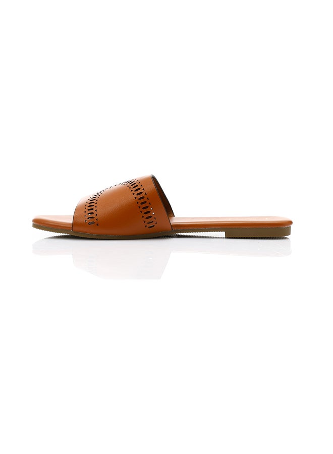 DejaVu Camel Perforated Leather Slip On Slippers  - Image 3