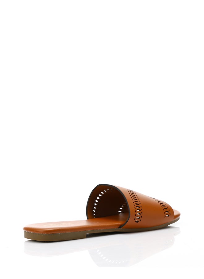 DejaVu Camel Perforated Leather Slip On Slippers  - Image 2