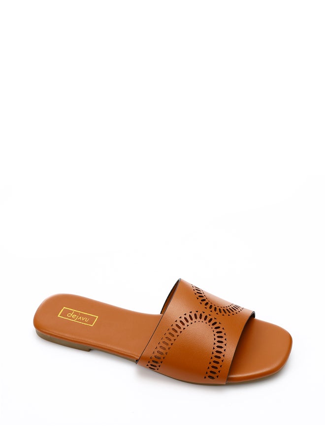 DejaVu Camel Perforated Leather Slip On Slippers  - Image 5