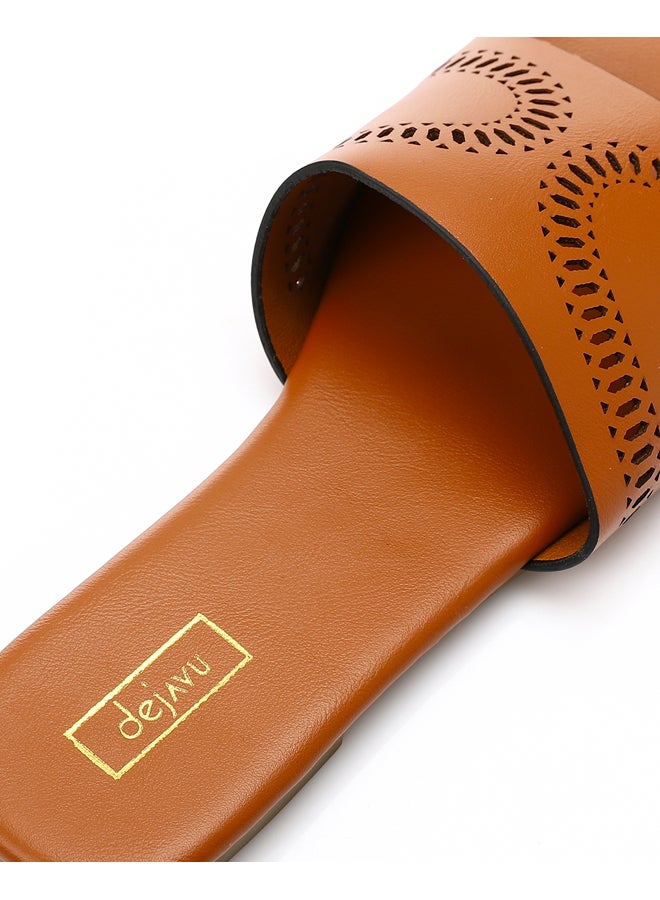 DejaVu Camel Perforated Leather Slip On Slippers  - Image 4