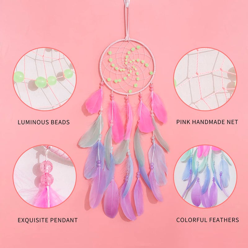 WOW DING Luminous Dream Catchers for Girls  Handmade Pink Feather Native Wall Decoration - Image 3