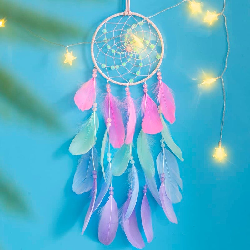 WOW DING Luminous Dream Catchers for Girls  Handmade Pink Feather Native Wall Decoration - Image 1