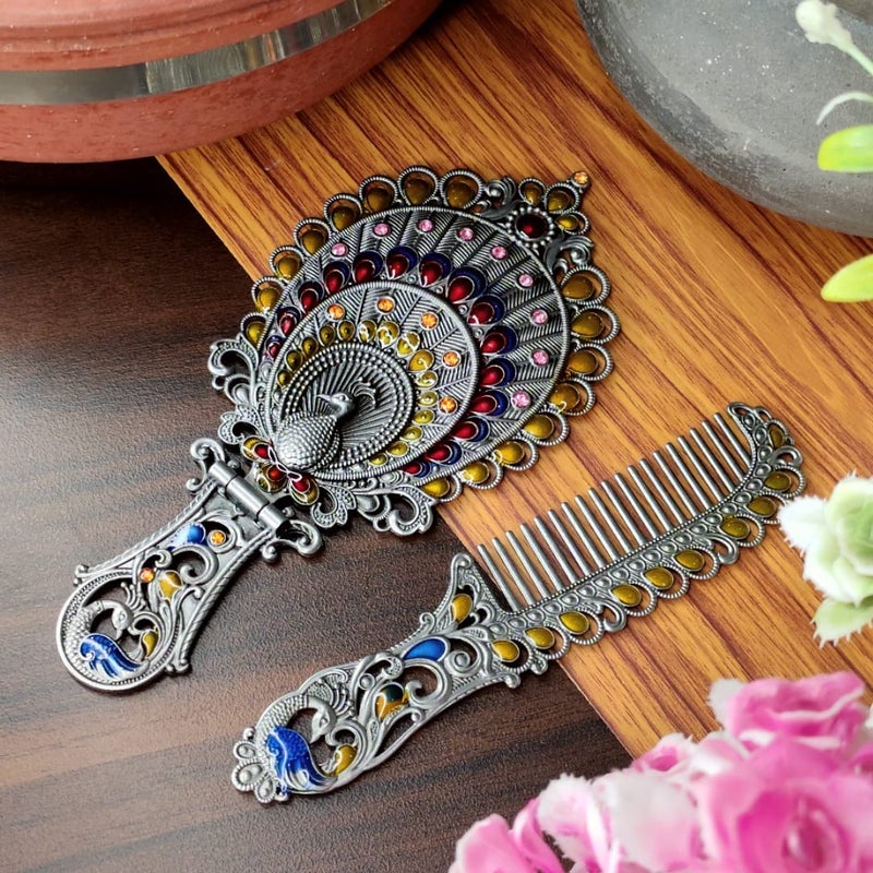 Vemlons Hand Mirror and Comb Set Antique Metal Mirror and Comb in Oval Shape Handheld Mirror for MakeupHandicraft Metal Comb and Mirror