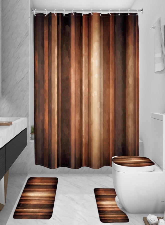 MESHELLY Brown 4Pcs Shower Curtain Sets Rustic Bronze Tan Ombre Stripe Rust Copper Earth Tone Bathroom Set Decor with Rug, Toilet Lid Cover, Bath Mat, Vintage Simple Bathroom Curtain with 12 Hooks - Image 4