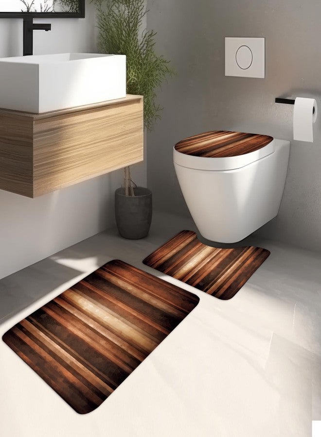 MESHELLY Brown 4Pcs Shower Curtain Sets Rustic Bronze Tan Ombre Stripe Rust Copper Earth Tone Bathroom Set Decor with Rug, Toilet Lid Cover, Bath Mat, Vintage Simple Bathroom Curtain with 12 Hooks - Image 2