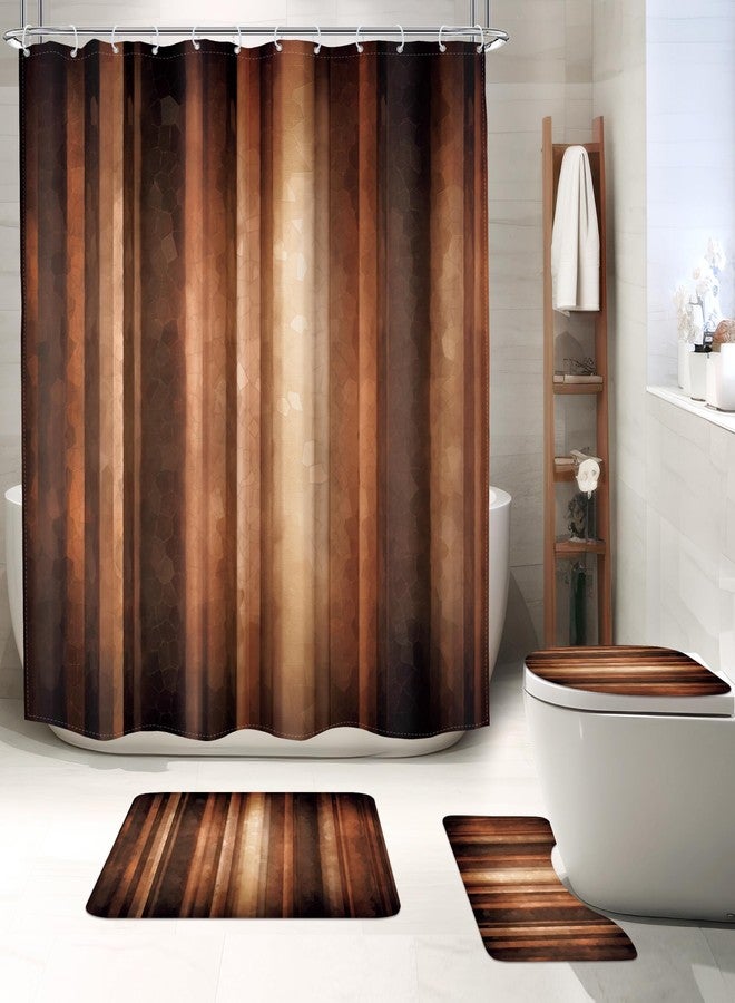MESHELLY Brown 4Pcs Shower Curtain Sets Rustic Bronze Tan Ombre Stripe Rust Copper Earth Tone Bathroom Set Decor with Rug, Toilet Lid Cover, Bath Mat, Vintage Simple Bathroom Curtain with 12 Hooks - Image 1