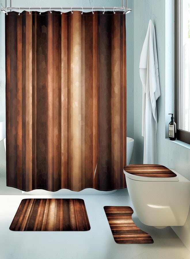 MESHELLY Brown 4Pcs Shower Curtain Sets Rustic Bronze Tan Ombre Stripe Rust Copper Earth Tone Bathroom Set Decor with Rug, Toilet Lid Cover, Bath Mat, Vintage Simple Bathroom Curtain with 12 Hooks - Image 5