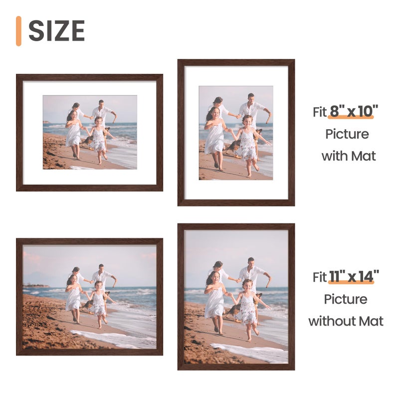 upsimples 11x14 Picture Frame Set of 5, Display Pictures 8x10 with Mat or 11x14 Without Mat, Wall Gallery Photo Frames, Brown - Image 5