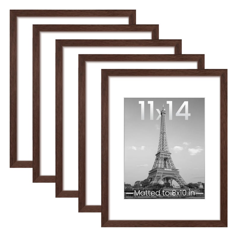upsimples 11x14 Picture Frame Set of 5, Display Pictures 8x10 with Mat or 11x14 Without Mat, Wall Gallery Photo Frames, Brown - Image 1