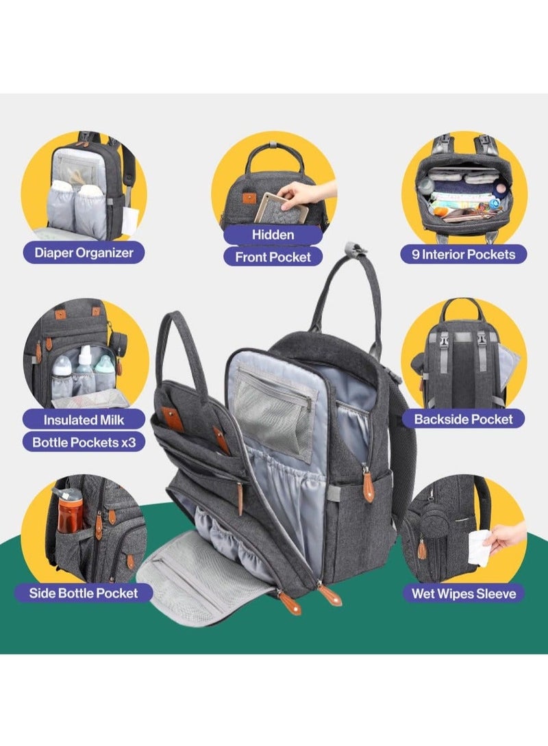 BabbleRoo Multifunctional Waterproof Diaper Bag, Essential Travel Baby Tote with Changing Pad, Baby Carrier and Pacifier Cover - Unisex, Dark Grey - Image 2