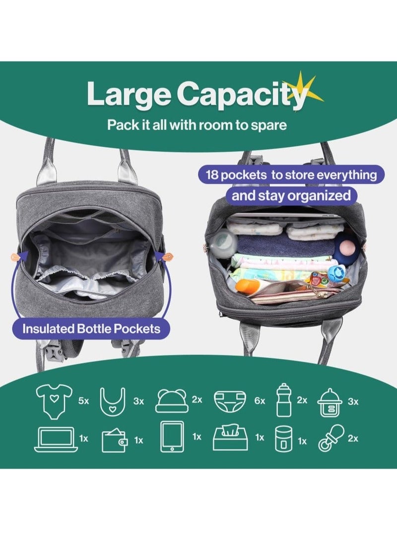 BabbleRoo Multifunctional Waterproof Diaper Bag, Essential Travel Baby Tote with Changing Pad, Baby Carrier and Pacifier Cover - Unisex, Dark Grey - Image 3