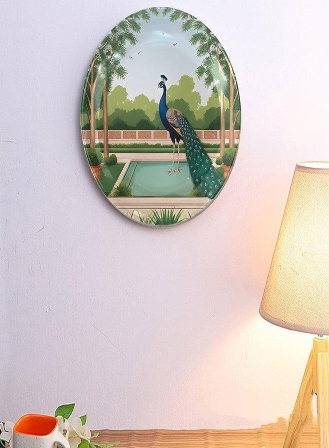 WOODHANG Elegant Peacock Standing by Pond in Lush Garden Ceramic Decorative Wall Plate|10 Inch Decorative Nature Art for Home Décor|Traditional Indian Spiritual Art for Wall Décor|Vastu-Positive Gift - Image 1