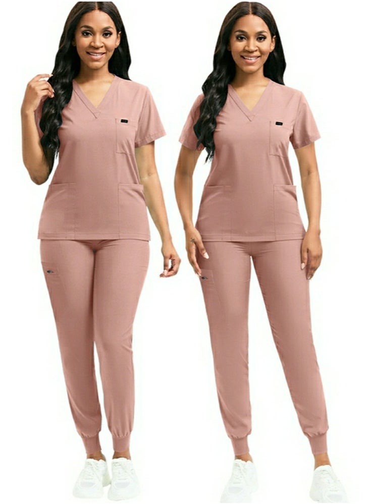 Loquat Medical Uniform Scrubs 2 Piece Set V-Neck Top and Elastic Waist Jogger Pants Suit Dusty Pink  - Image 2