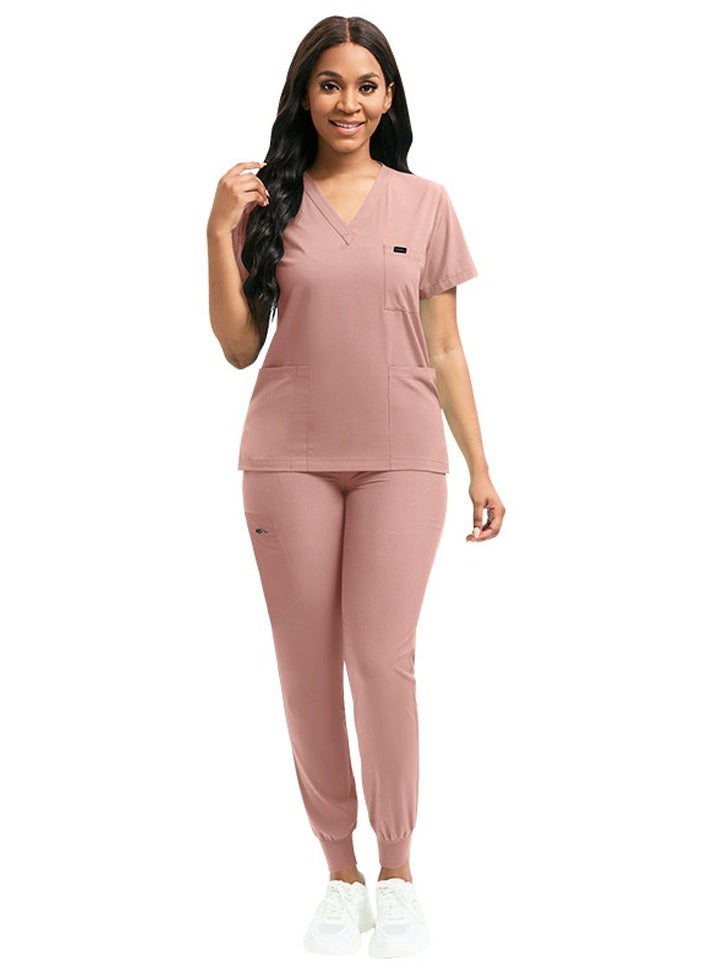 Loquat Medical Uniform Scrubs 2 Piece Set V-Neck Top and Elastic Waist Jogger Pants Suit Dusty Pink  - Image 1