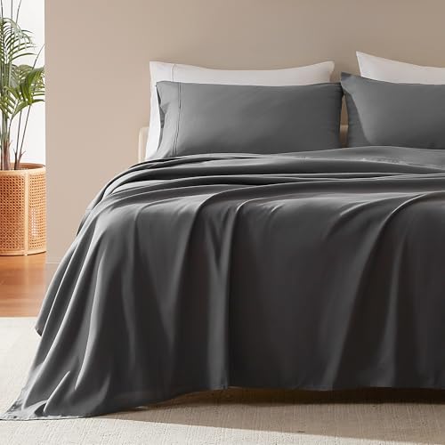 SLEEP ZONE Nanotex Super Soft Cooling Queen Bed Sheets Set 4 Piece  Easy Care Fitted Flat Sheet  Pillowcase Sets  Wrinkle Free Fade Resistant Deep Pocket 16 Gray Queen