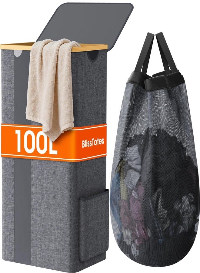 BlissTotes Laundry Basket with Lid, 100L Clothes Laundry Hamper with Handles and Removable Laundry Bag, Breathable Design Hamper with Lid for Bedroom, Bathroom, Dorm, Laundry Room - Light Grey - Image 1