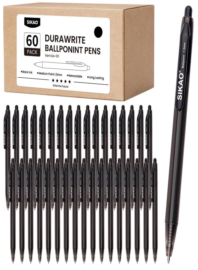 Sikao Black Pens Bulk, 60 Pack Durawrite Retractable Ballpoint Pens Black Ink 1.0mm, Click Pens No Bleed No Skip Smooth & Vivid Writing for Teachers, Students, Restaurant Servers, School & Office Supplies - Image 1
