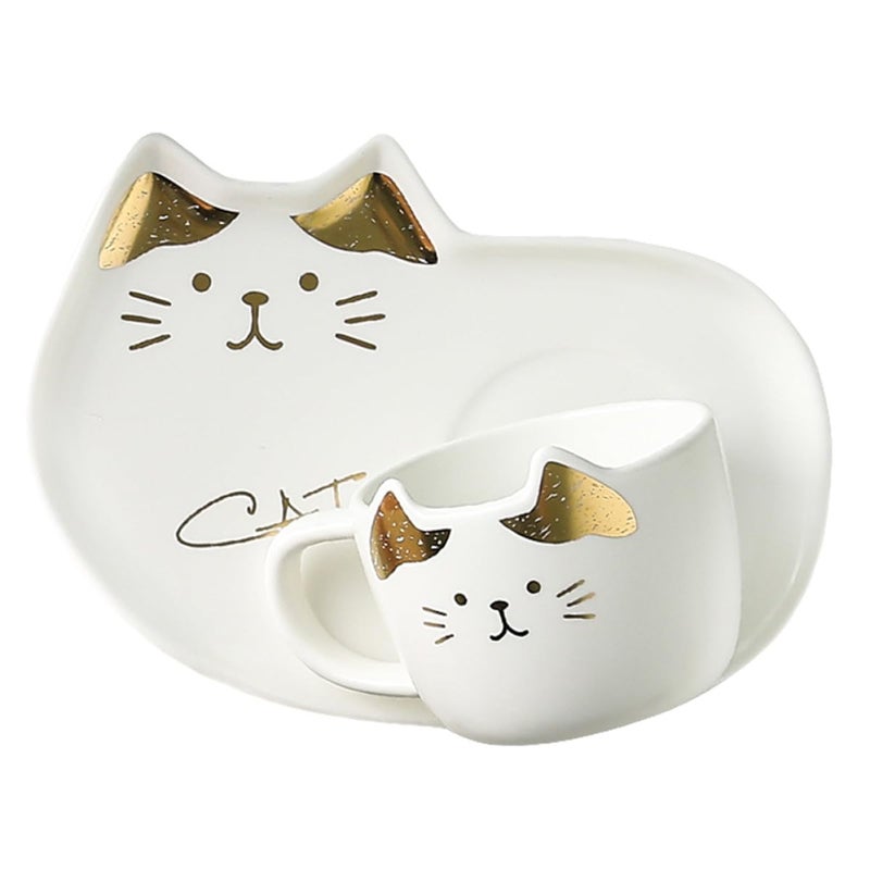 Ceramic Coffee Mug With Saucer 200ml White Cat Design Porcelain Cup For Tea - Image 2