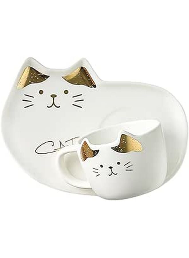 Ceramic Coffee Mug With Saucer 200ml White Cat Design Porcelain Cup For Tea - Image 1