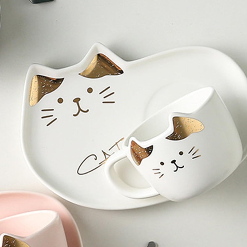 Ceramic Coffee Mug With Saucer 200ml White Cat Design Porcelain Cup For Tea - Image 5