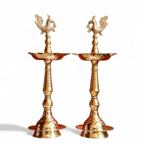 RAISOM Kerala Brass Diya with Peacock Design | Height: 12 Inch Premium Kerala Kuthu Vilakku I Panchmukhi Diya Puja, Home and Office Temple, Festive Gifting | Pack of 2 | Weight: 625 Grams Each - Image 1