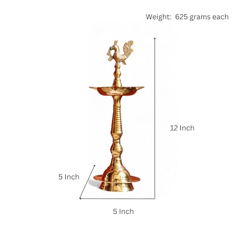 RAISOM Kerala Brass Diya with Peacock Design | Height: 12 Inch Premium Kerala Kuthu Vilakku I Panchmukhi Diya Puja, Home and Office Temple, Festive Gifting | Pack of 2 | Weight: 625 Grams Each - Image 2