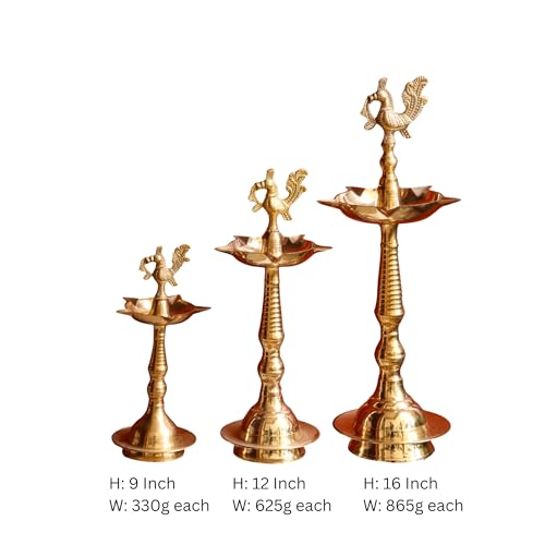 RAISOM Kerala Brass Diya with Peacock Design | Height: 12 Inch Premium Kerala Kuthu Vilakku I Panchmukhi Diya Puja, Home and Office Temple, Festive Gifting | Pack of 2 | Weight: 625 Grams Each - Image 5