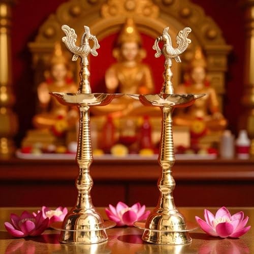 RAISOM Kerala Brass Diya with Peacock Design | Height: 12 Inch Premium Kerala Kuthu Vilakku I Panchmukhi Diya Puja, Home and Office Temple, Festive Gifting | Pack of 2 | Weight: 625 Grams Each - Image 4