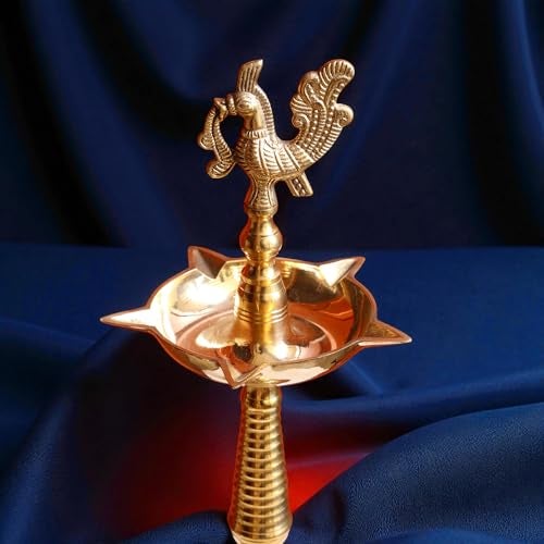 RAISOM Kerala Brass Diya with Peacock Design | Height: 12 Inch Premium Kerala Kuthu Vilakku I Panchmukhi Diya Puja, Home and Office Temple, Festive Gifting | Pack of 2 | Weight: 625 Grams Each - Image 3