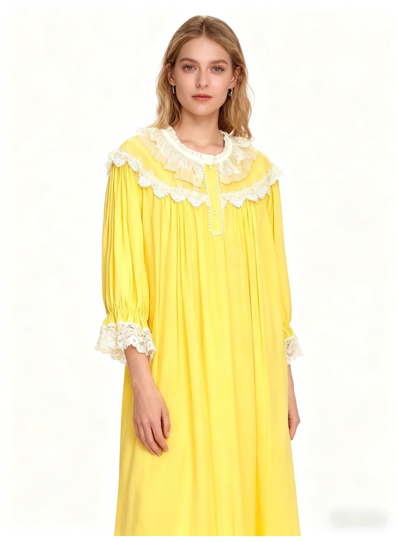 Orchid Princess Style Yellow Nightgown for Women Summer Lace Long Knee-Length Sweet Pajamas Home Wear - Image 1