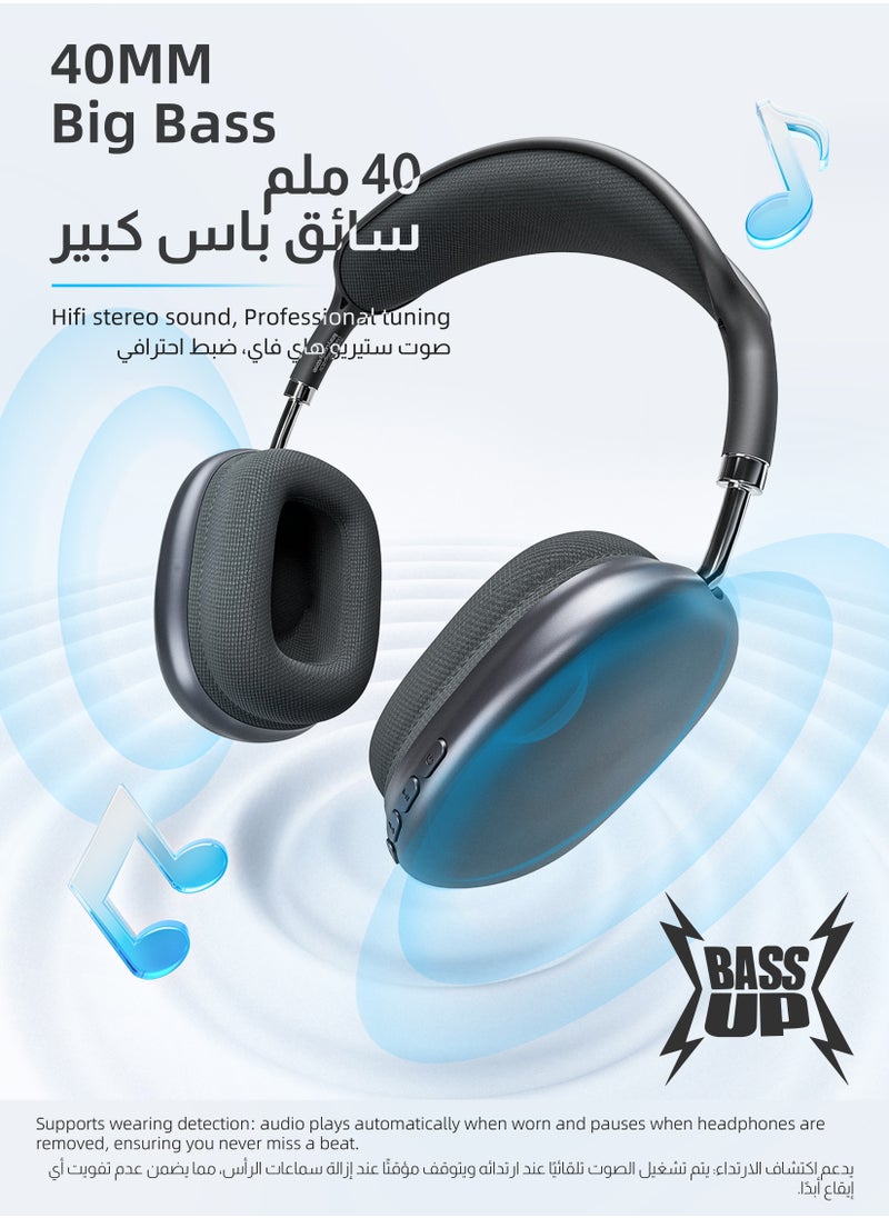 DuneVoyager - Bluetooth 5.3 Wireless Headset Over-Ear Headphone,With 3.5mm Wired Connection,4 Mic,Call Noise Reduction,Adjustable headband, Hifi Bass,Wearing Detection Earphone With Protective Leather Case Black - Image 1