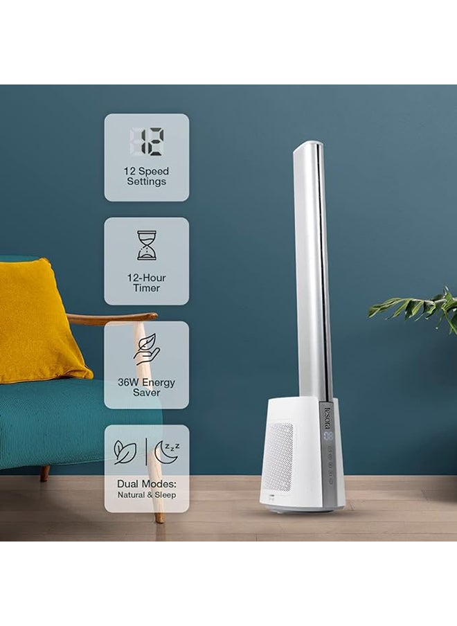 Aero Stream tower fan 40"(White) |Digital touch and remote control | 120° oscillation | 12 speed settings | 12 hour timer |Aero Stream