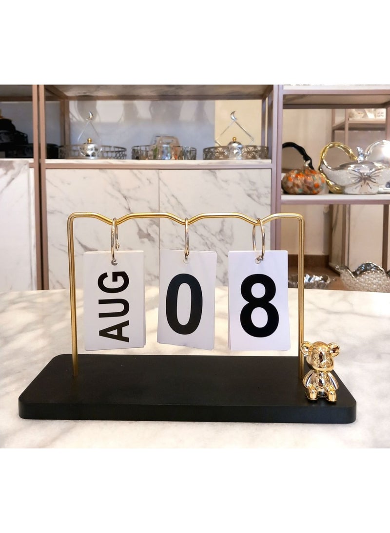 Bear Calender On Wooden Base And Metal Frame - Black